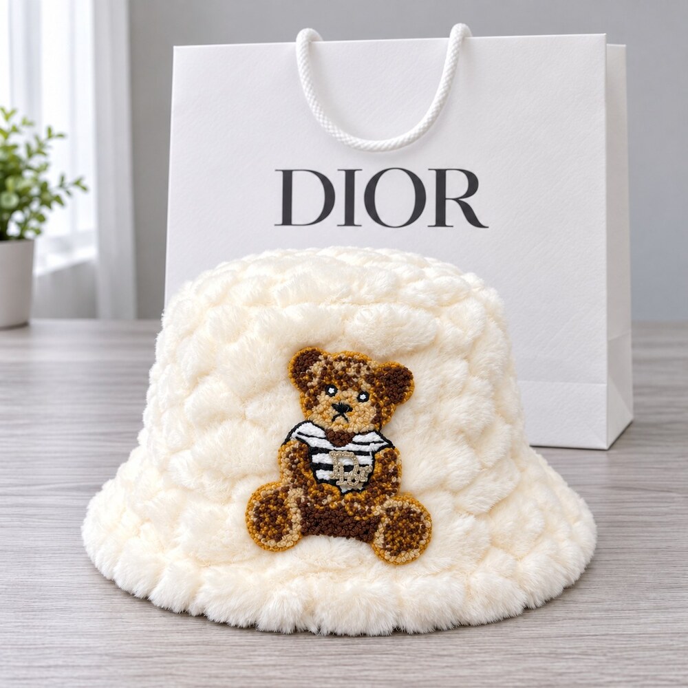 Dior White Teddy Faux Fur Bucket Hat